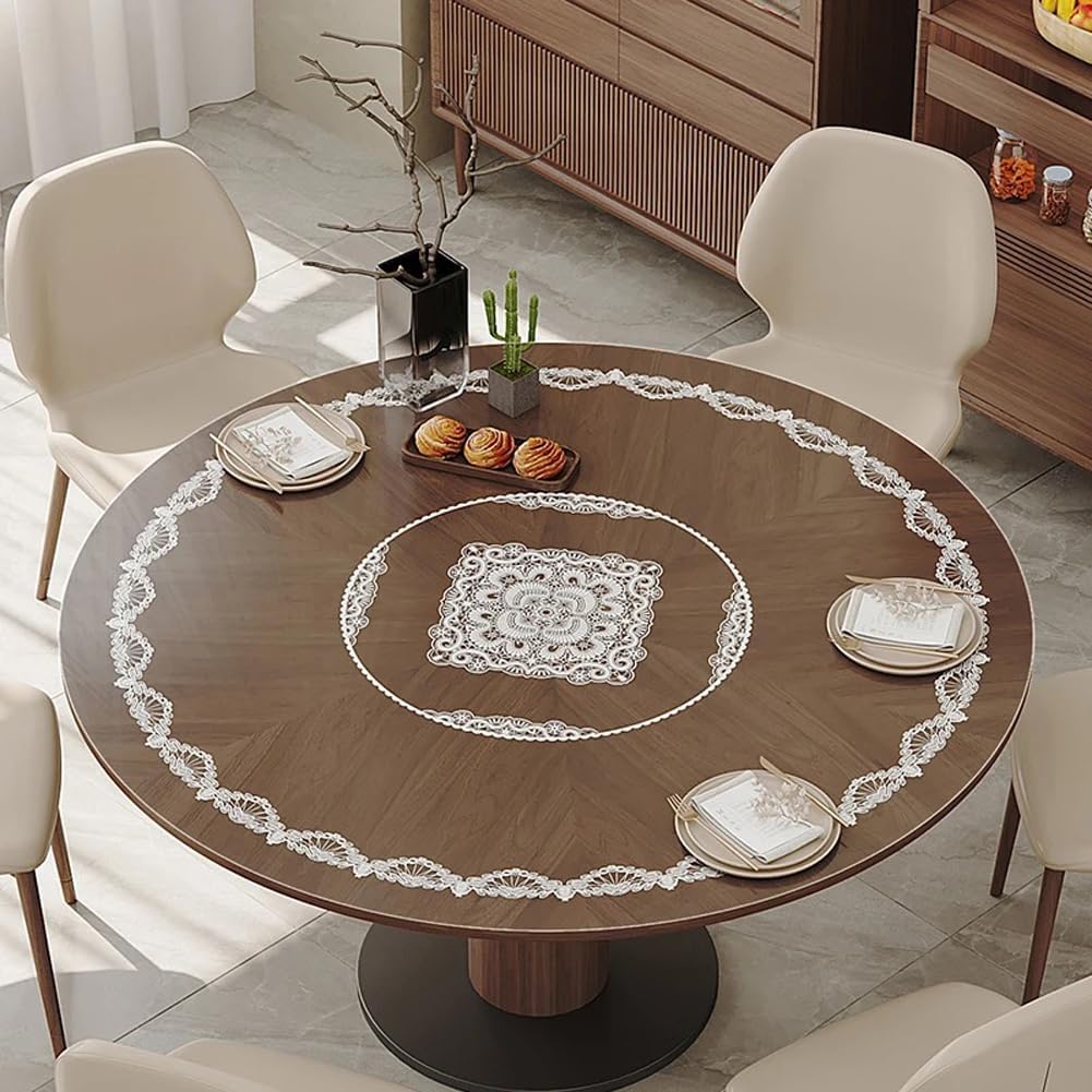 Waterproof Clear Table Cover Protector Vinyl PVC Round Tablecloth with Floral Lace Pattern,16-41inch Oil Spill Proof Wipe Clean Plastic Dining Table Protector (White,90cm/35.4in)