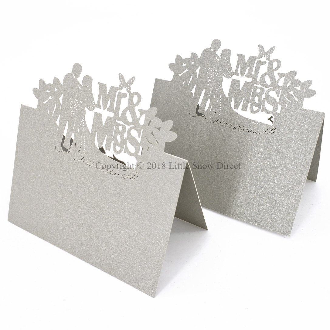 Little Snow Direct Wedding Party Name Place Cards For Table Decoration Pearlescent Laser Cut - 20pcs MR & MRS - Silver Grey