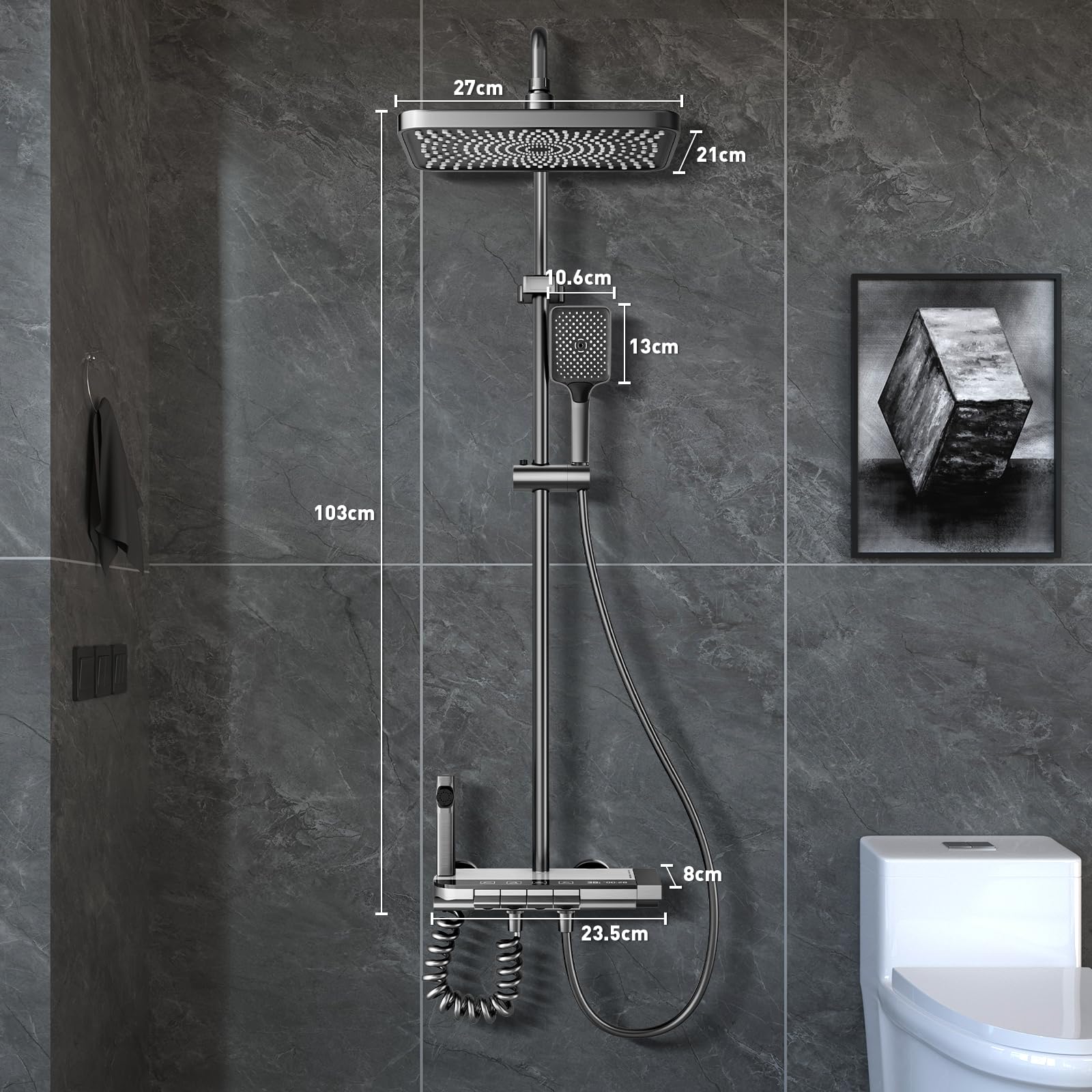 Columna de Ducha Termostatica con Pantalla Digital LED, Cabezal de Ducha XL estilo Lluvia, Ducha de Mano, Rociador auxiliar y Grifo Cascada – Acero Inoxidable - Baño de Lujo y Confort