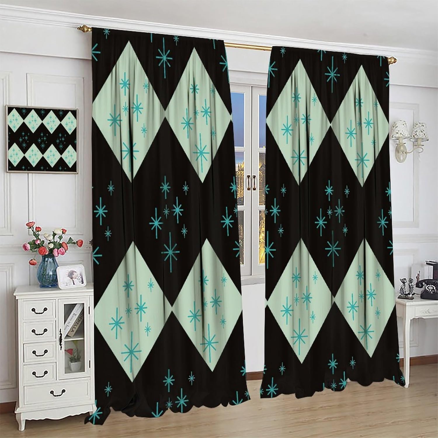 Mid Century Shower Curtain, Medieval Abstract Modern Retro Bohemian Geometric Window Drapes, for Living Room Bedroom 21(W)*54(L) 2 Panels