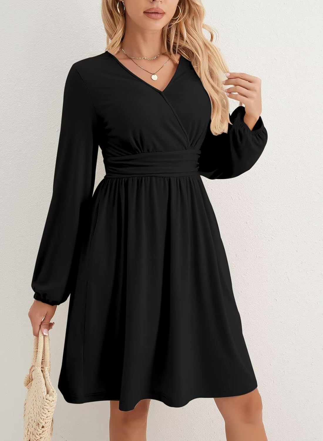 Womens Dresses 2026 Spring Summer Wrap V-Neck Long Sleeve Empire Waist Mini Dress - Image 4