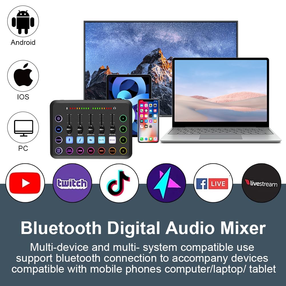 Zestaw sprzętu do podcastów OFFCUP, konsola miksująca, mikser audio ze statywem, mikrofon pojemnościowy, interfejs audio USB-C do komputera, laptopa, telefonu, karta dźwiękowa do transmisji na ży