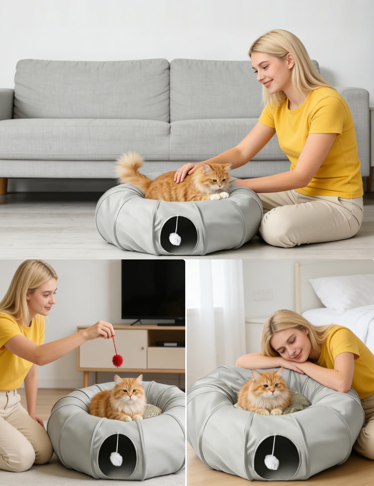 Katzentunnel, Katzenspielzeug für Wohnungskatzen, multifunktionaler Rascheltunnel & Katzenhöhle, interaktives Spielzeug mit kühlendem Stoffdesign für Kätzchen (Cool Gray)