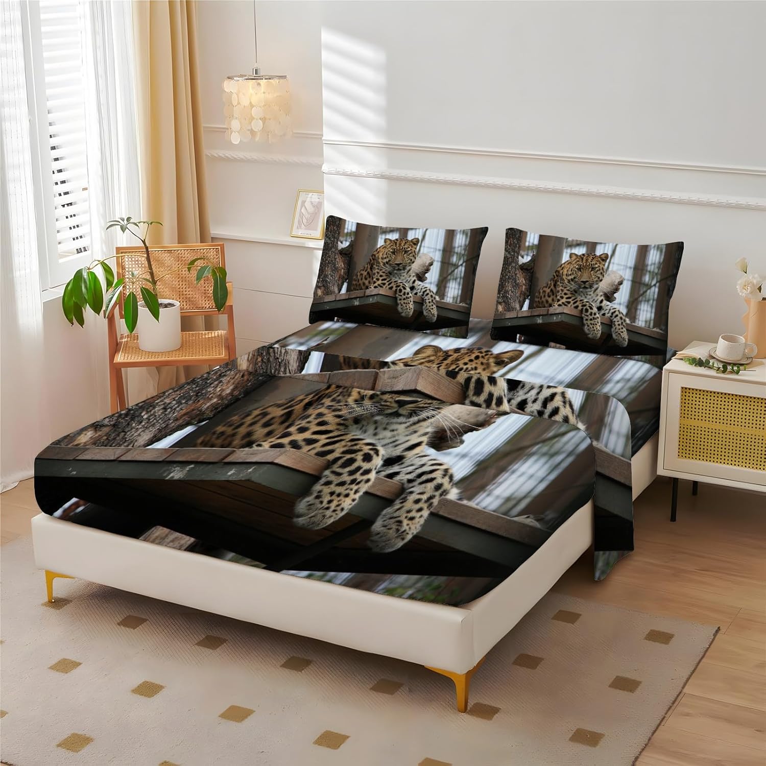 BIAFRA Leopard Full Size Sheet Sets - Cheetah Bed Sheets Set with 1 Fitted Sheet,1 Flat Sheet and 2 Pillowcases for All Season without Filler 4 Piece (Fitted Sheet, Flat Sheet, Pillow Case)