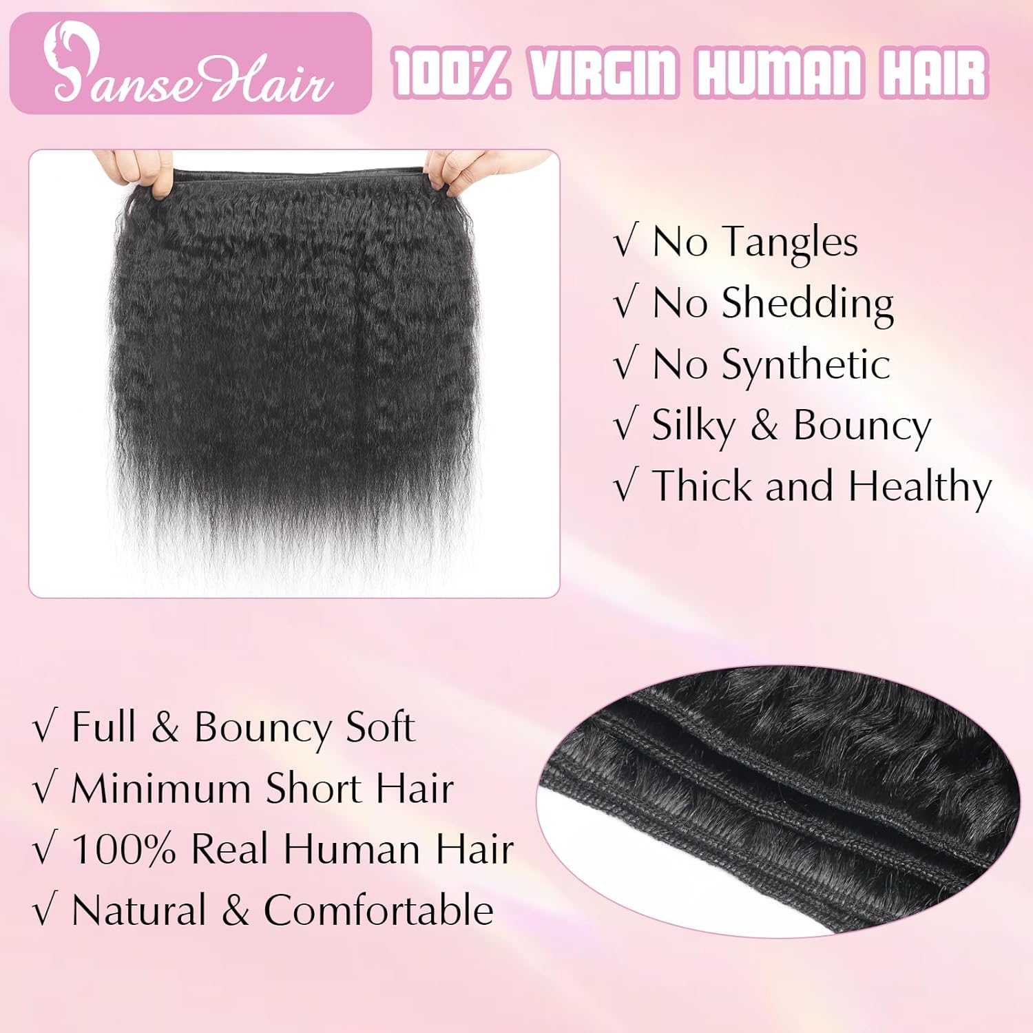 Brazilian Virgin Hair Bundles - 100% Unprocessed Yaki Straight Kinky Straight Human Hair 3 Bundles Natural Color for Black Women Soft & Tangle-Free Human Remy Hair Extensions(14 16 18")