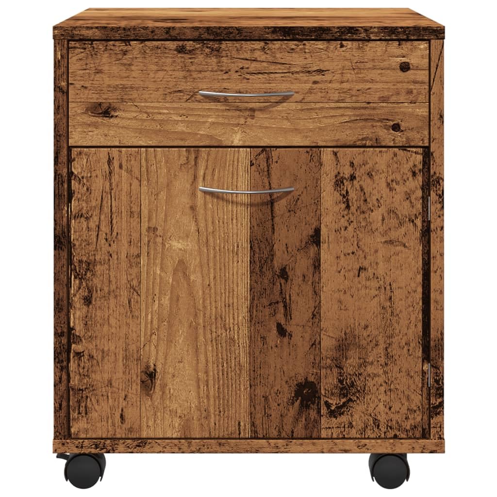 Cassettiera con rotelle, effetto legno anticato, 45 x 38 x 54 cm, con cassetto, vano portaoggetti e armadietto, ideale come armadietto per documenti, ufficio, soggiorno, camera da letto