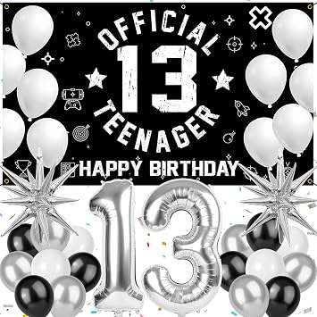 13th Birthday Party Supplies in Black & Silver, Fabric Backdrop with Number Balloons for Home Celebrations, 13 Year Old Official Teenager Theme
