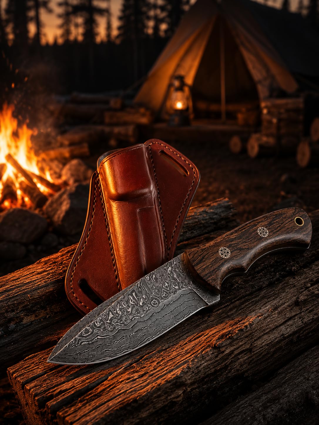 Premium Handgefertigtes Damaststahl Jagdmesser mit Walnussholzgriff – 22,86 cm Feststehendes Survival- & Bushcraft-Messer mit Echtlederscheide – Camping, Häuten, Outdoor, Taktisches Geschenk für Männe