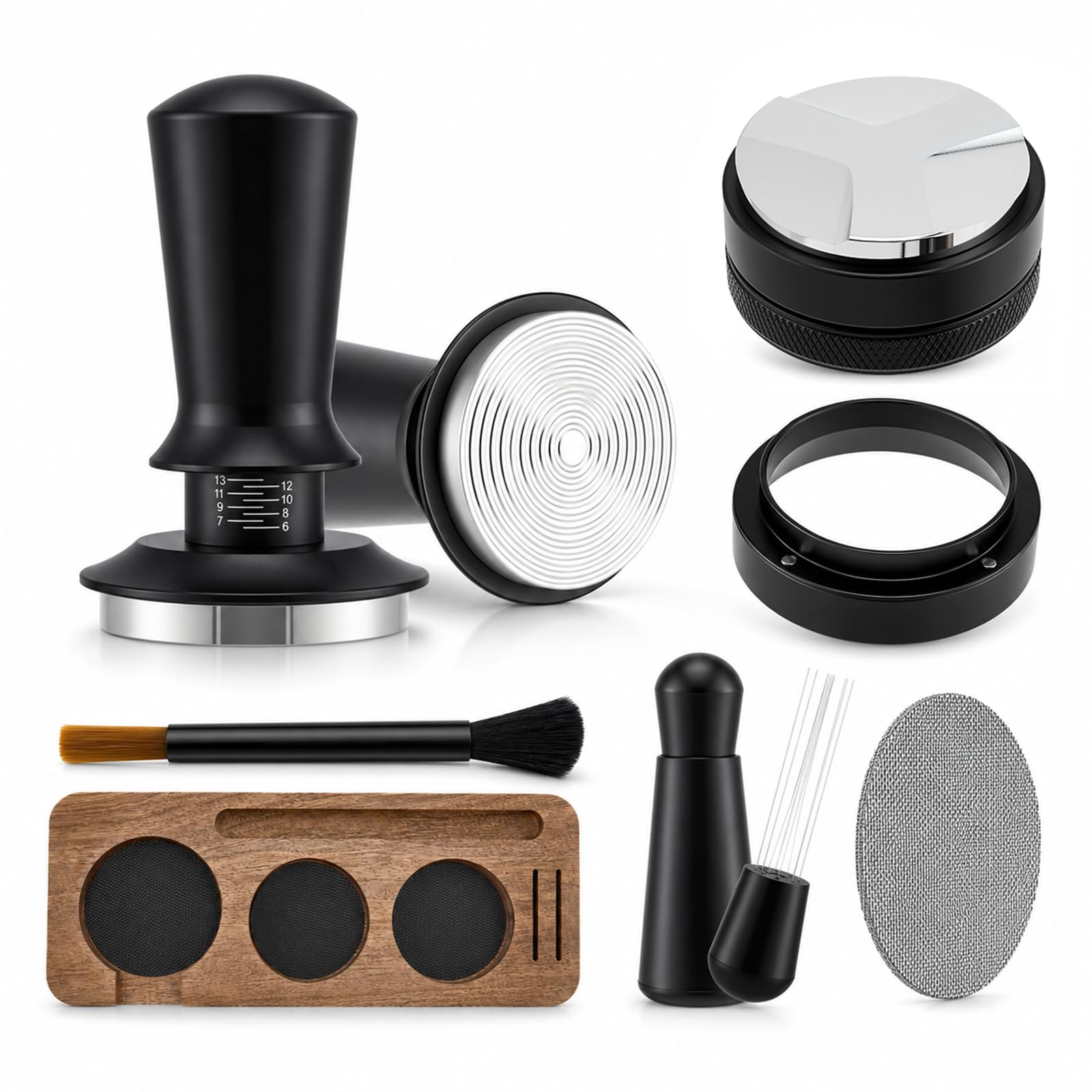 Set 7 Accesorios para Espresso, 58mm con Base de Madera, De Tamping, Herramienta WDT, Anillo Dosificador Magnético, Filtro y Cepillo