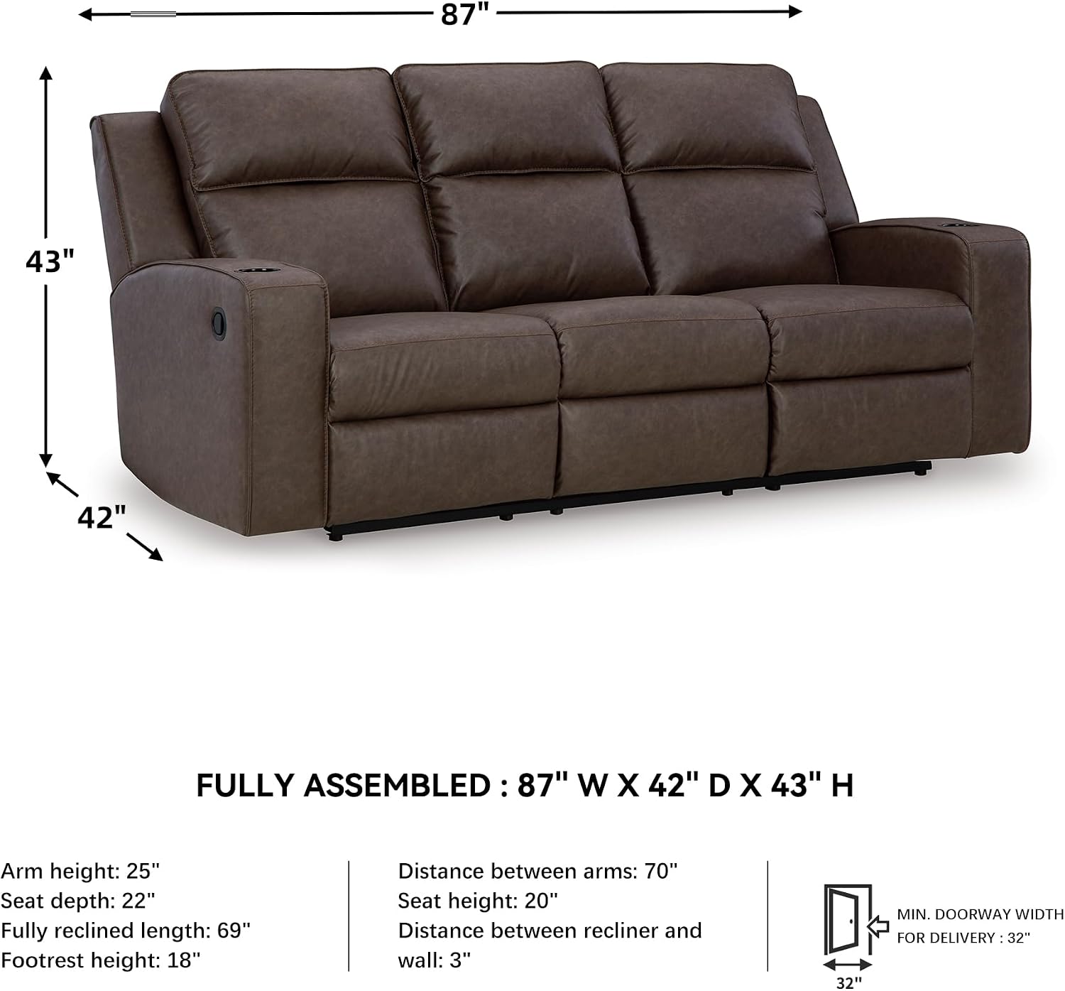 Ashley Lavenhorne Faux Leather Reclining Sofa Drop Table Cup Holders USB Dark Brown
