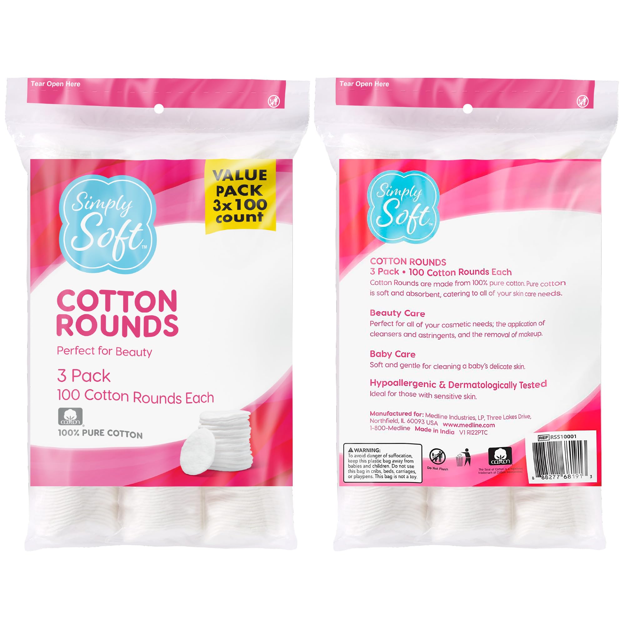 Medline Simply Soft Cotton Rounds (300 unidades), almohadillas de algodón 100% absorbentes y texturizadas, sin pelusa