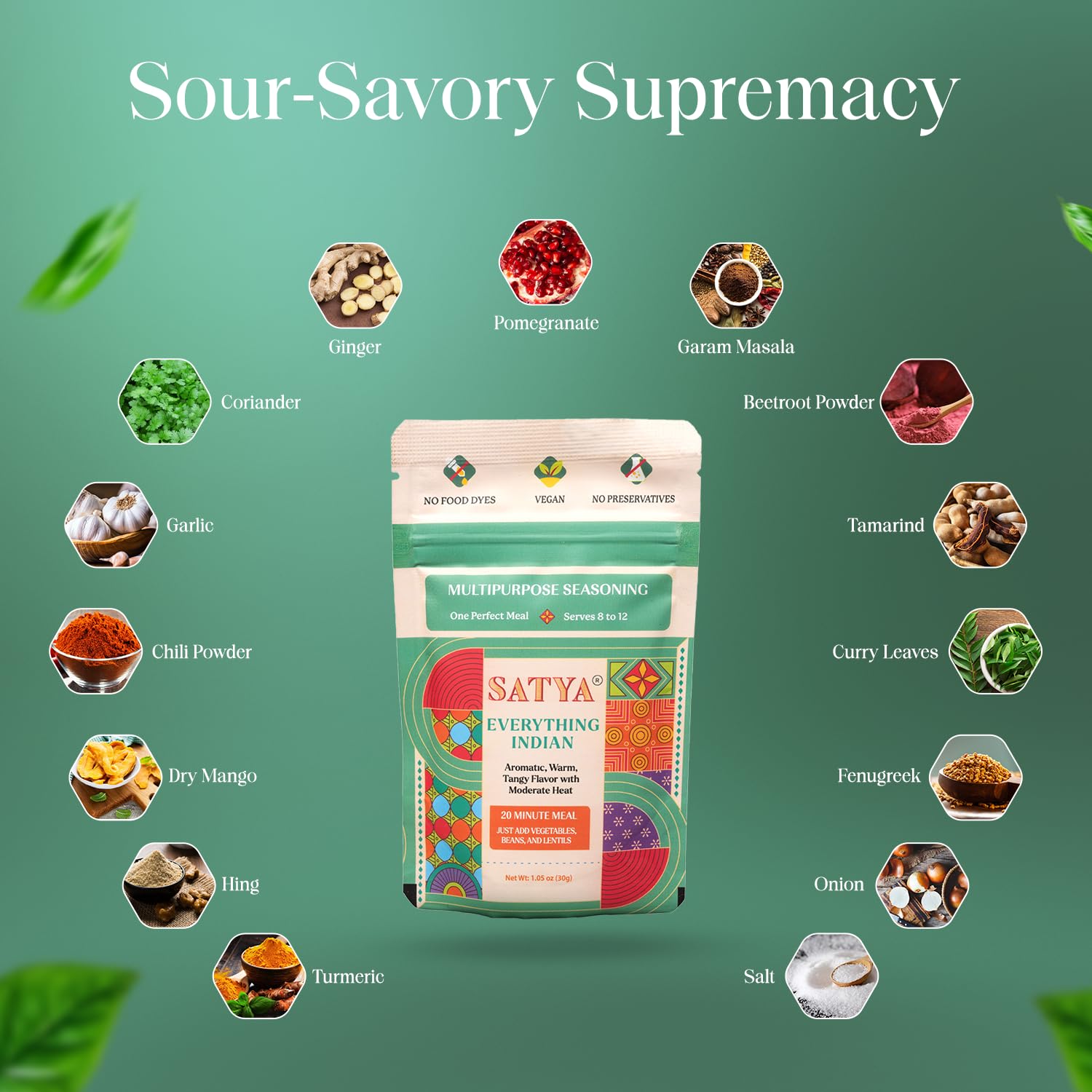 Satya Everything Indian Masala Mix Multipurpose Seasoning Powder– 1.05 oz Sachets (Pack of 5 – 150gm) Aromatic Indian Spices for Vegetables, Beans & Lentils Vegan, Gluten & Dye Free, Low Sodium 30g Each