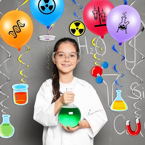 Miniatura 7 de 66 piezas de decoración de fiesta de cumpleaños de ciencia, 42 globos temáticos de ciencia, globos de látex matemáticas, 24 espirales colgantes,