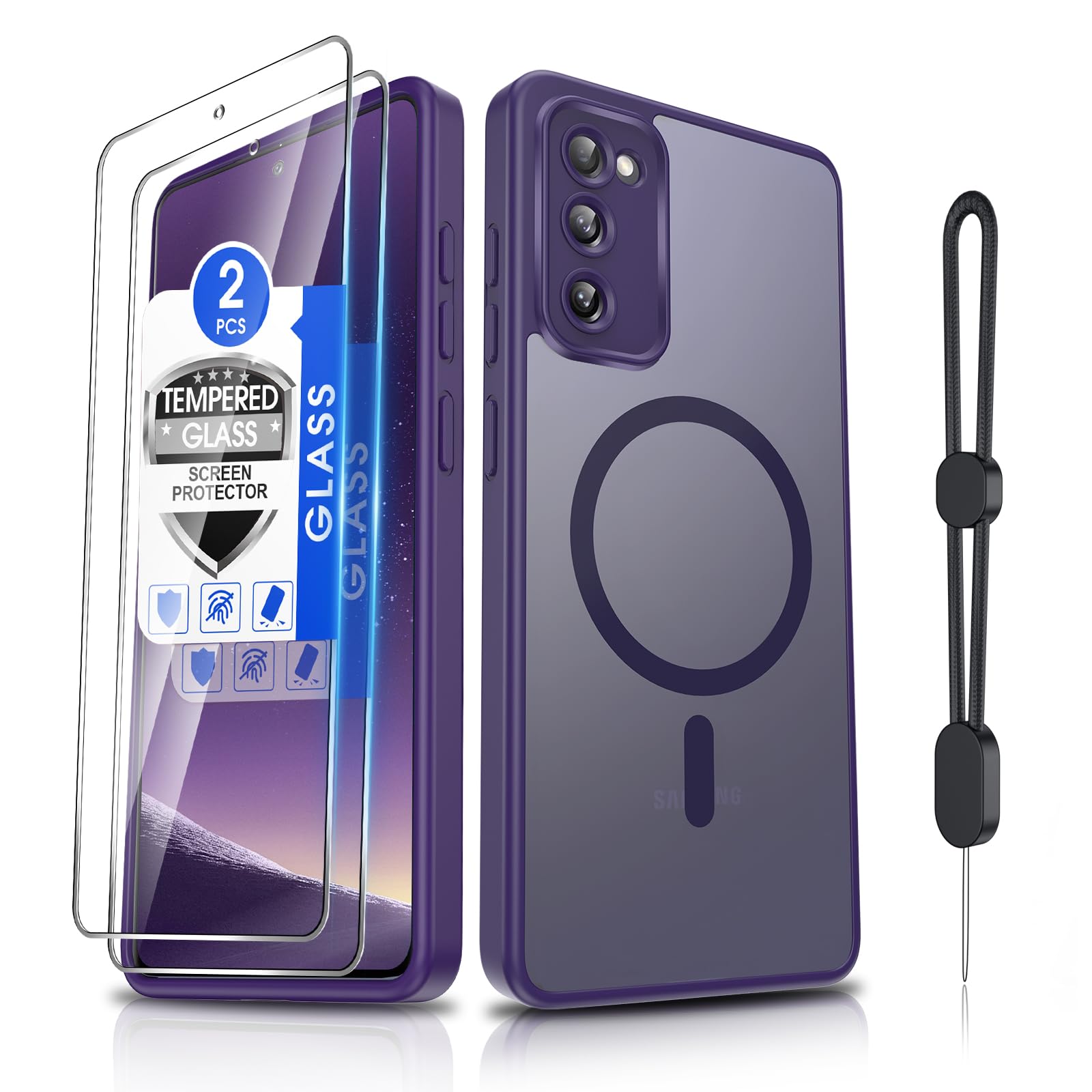 Dizn for Samsung Galaxy S20 FE Case,[Not Fit S20],with Tempered Glass Screen Protector,[Compatible with MagSafe], with Strap, Magnetic &amp; Military Grade Shockproof Protective S 20FE (6.5"),Dark Purple
