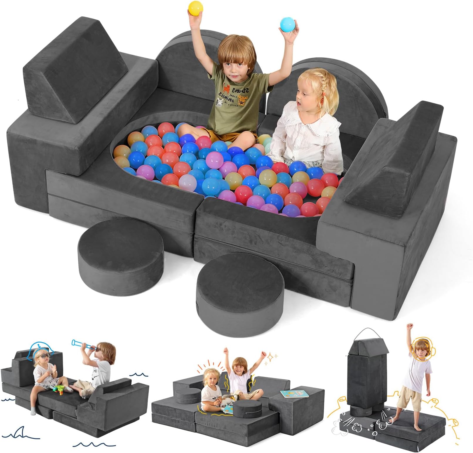 Kidirect Modular Kids Play Couch for Toddlers, Child Sectional Sofa, 320+ DIY Kids Playroom Furniture and Bedroom, Convertible Foam and Floor Couch Cushion for Boys and Girls (Space Grey)