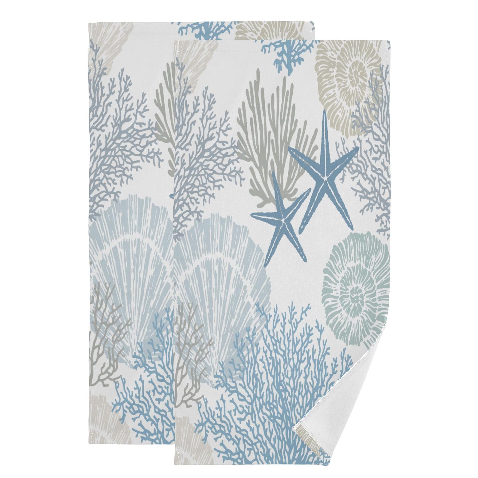 YOCIBIUT Nautical Blue Grey Hand Towels for Bathroom Set of 2,Absorbent Microfiber Beach Theme Starfish Seashell Coral Kitchen Towels 14"x28",