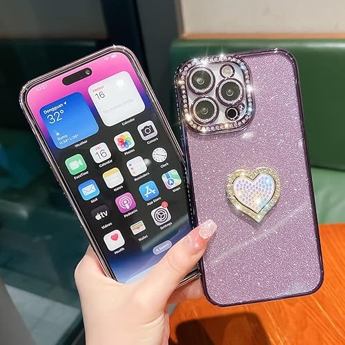 Miniatura 5 de Bonita funda compatible con iPhone 13 Pro de 6.1 pulgadas, diamantes brillantes + fundas de tarjetas con purpurina con soporte de corazón de amor,