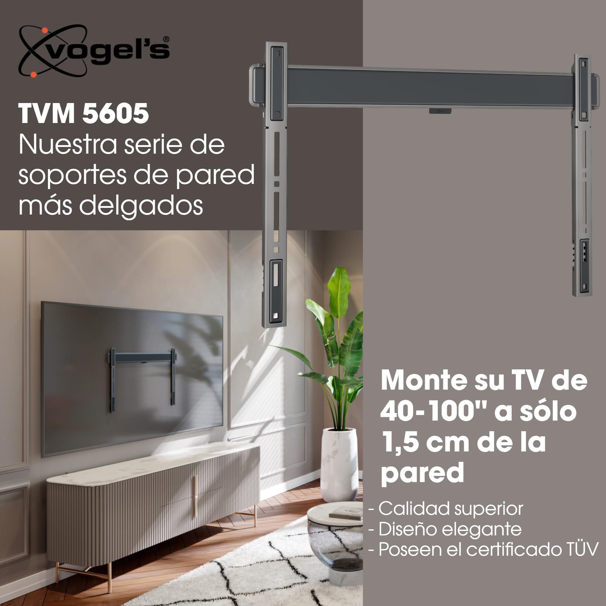 Vogel's Elite TVM 5605 Soporte TV Extremadamente Plano para TV de 40 a 100 Pulgadas, Peso máx. de 100 kg, Soporte de TV máx. VESA 600x400, Compatibilidad Universal, Distancia a la Pared Solo 1,5 cm