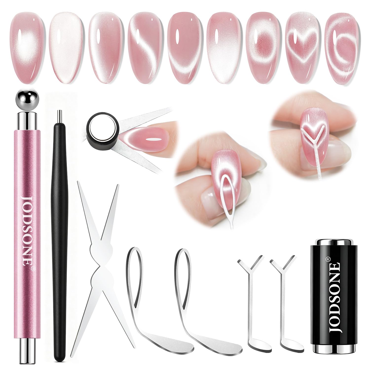 JODSONE Cat Eye Magnet Set for Nails, Heart Cat-Eye Magnets Tool,3 in 1 Cylinder Cat Eye Magnet with Ball Magnets, Magnetic Nail Art Pen, French & Black Hole Nail Magnet Guides for Cat-Eye Nail Effect
