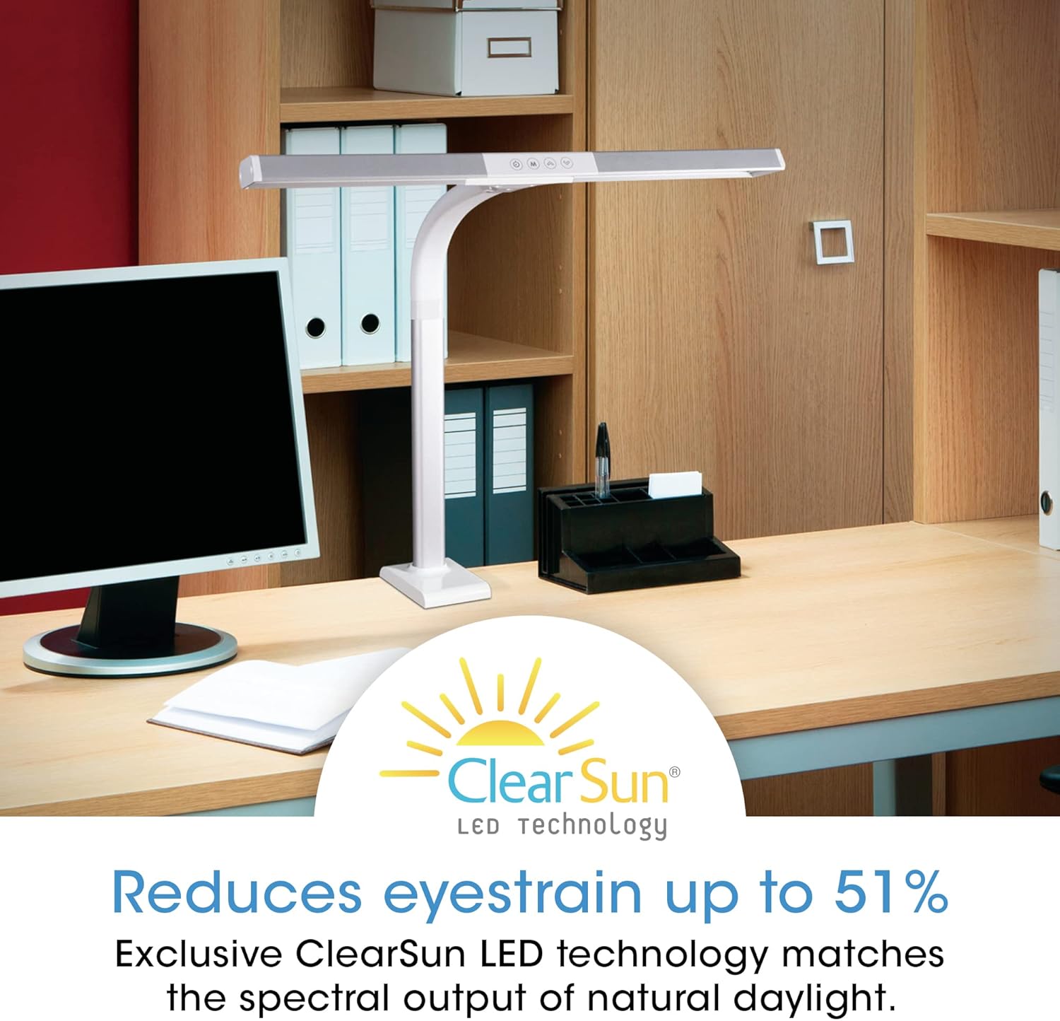 OttLite LED Clamp Lamp on a desk with a 'ClearSun LED Technology' logo and text stating 'Reduces eyestrain up to 51%'.