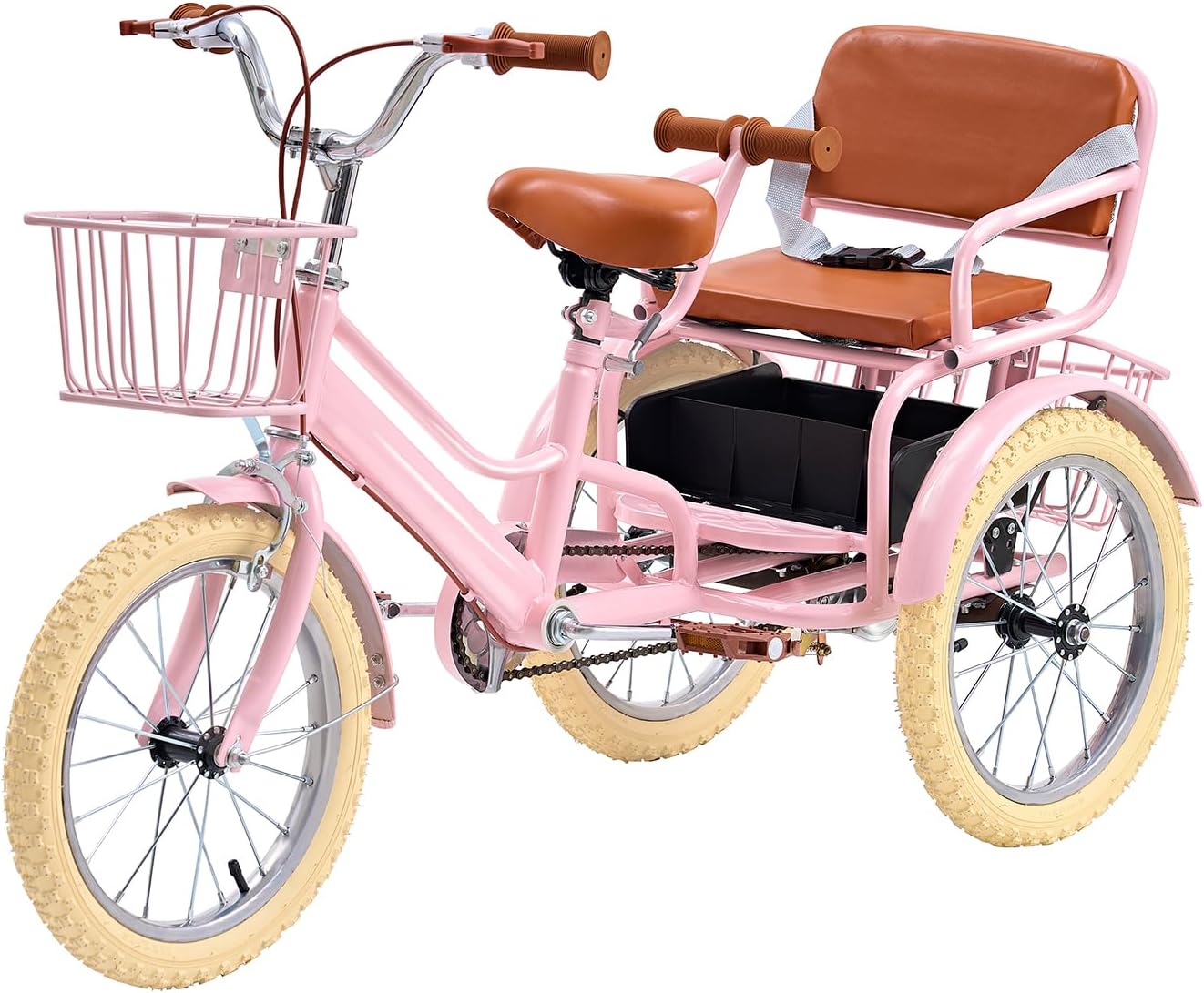 Kids Tricycle for Ages 4-9, 16 inch Height-Adjustable Toddler Tricycle with 2 Seats, 3 Storage Baskets, Dual Handbrake (Pink)