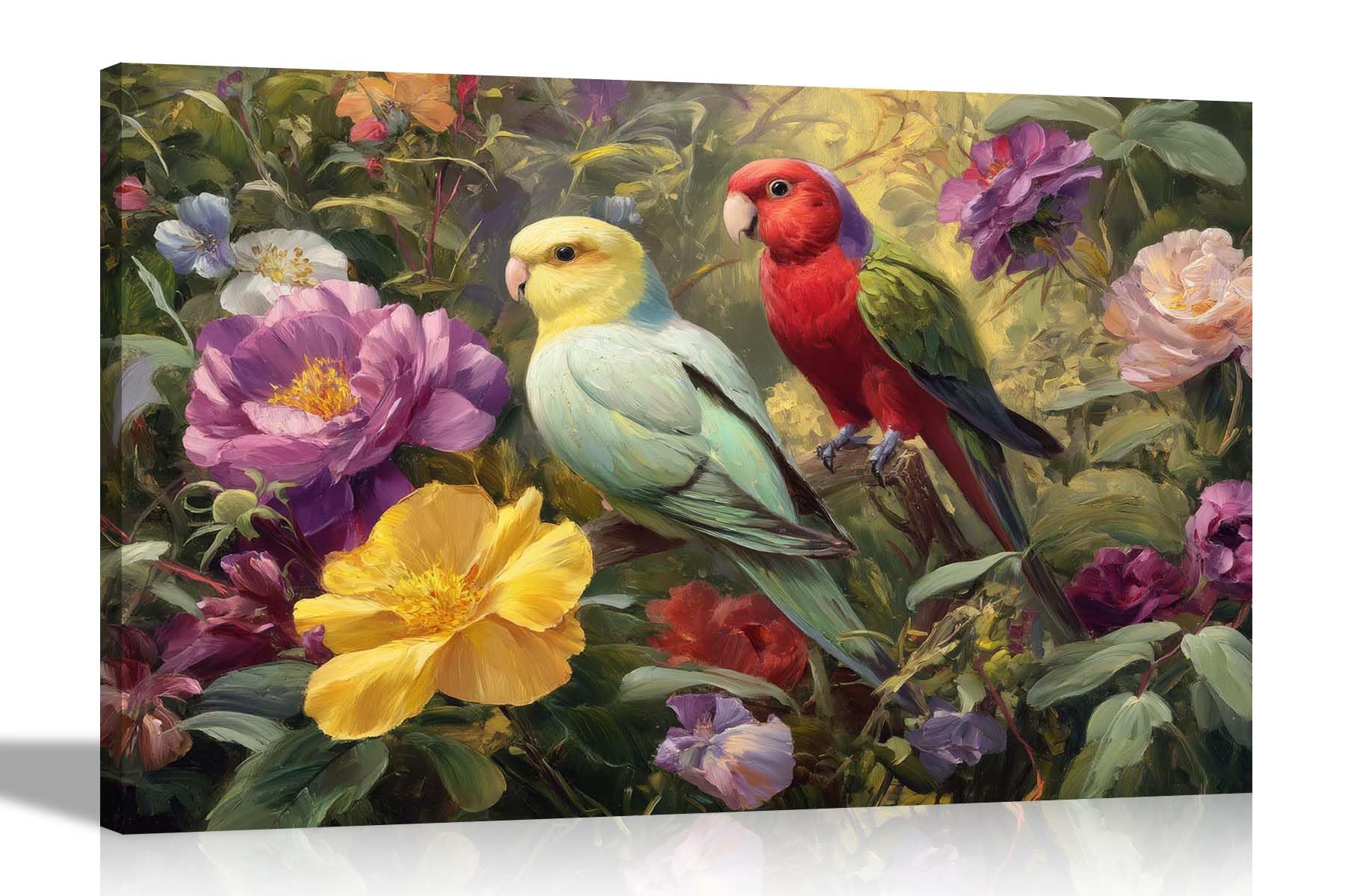 Artley Prints - Two Exotic Birds Colourful Flower Garden Canvas Wall Prints Floral Art Pictures Conservatory Living Room Decor Contemporary 51 x 35cm (20 x 14 inches)