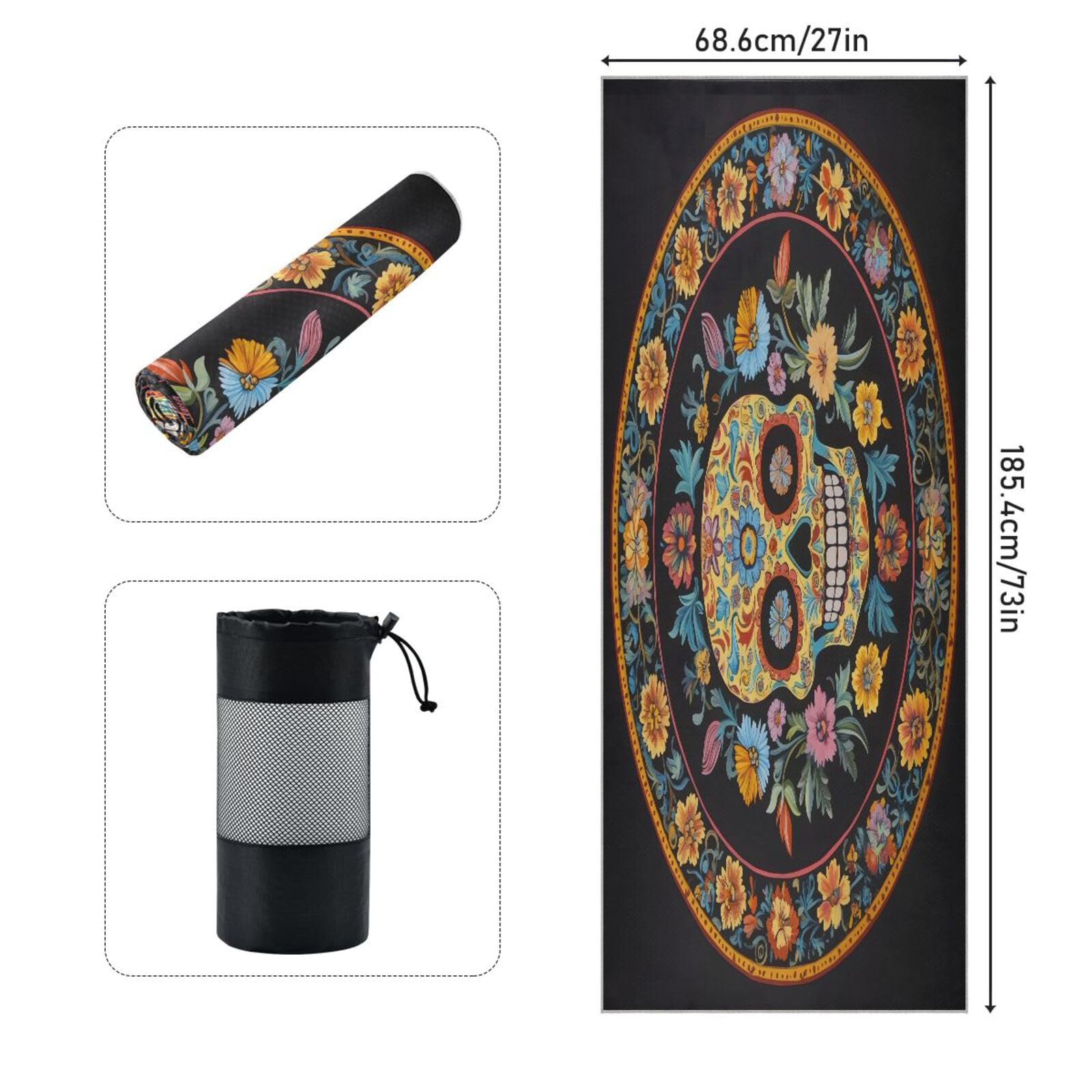 pnyoin Yoga Towel Retro Skull and Flowers Hot Yoga Mat Towel with Grip Dots Sweat Absorbent Non-Slip for Hot Yoga, 24