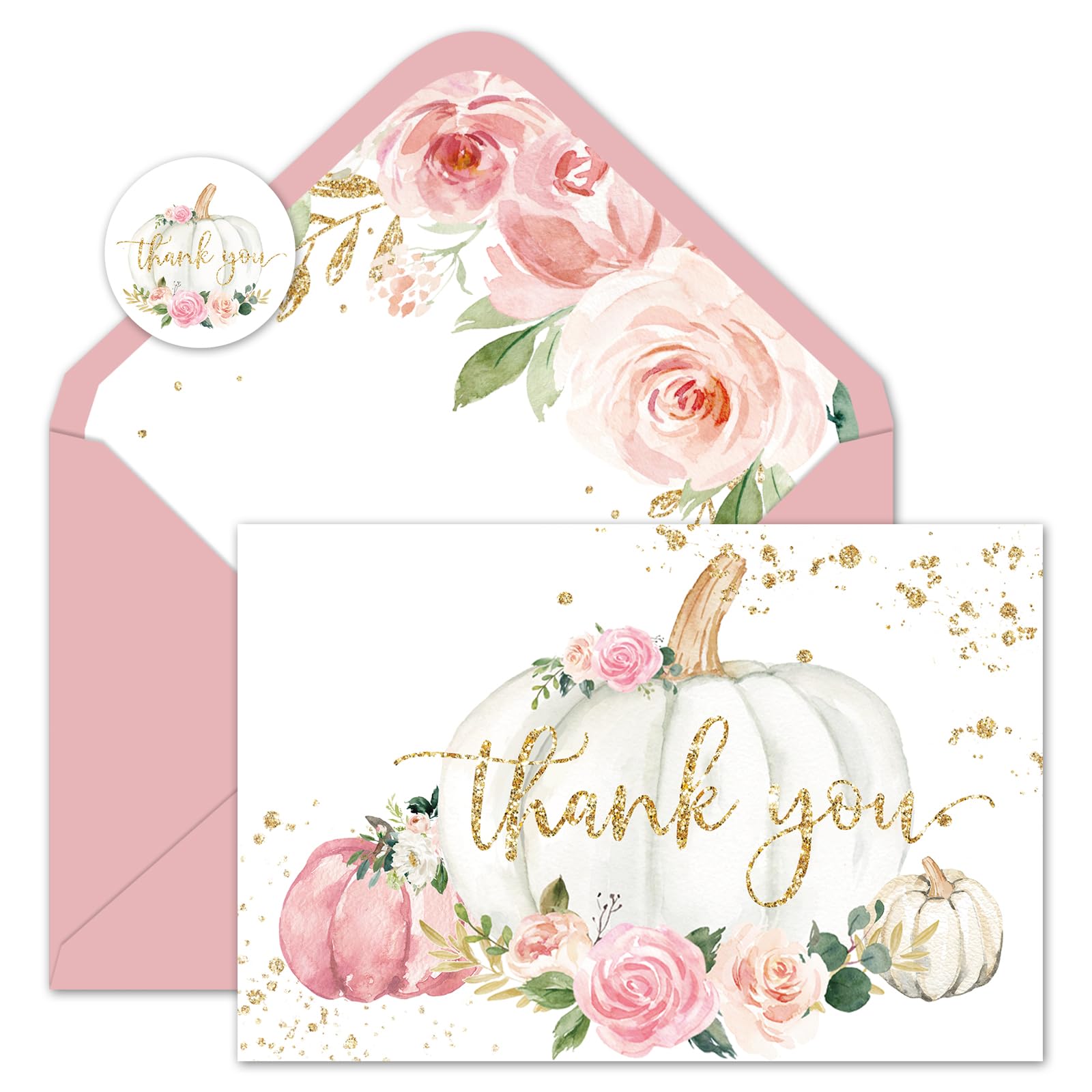 Whaline Fall Thank You Cards Bulk Pink Floral Pumpkin Thank You Note Cards with Envelope Stickers Glitter Autumn Blank Greeting Card for Thanksgiving