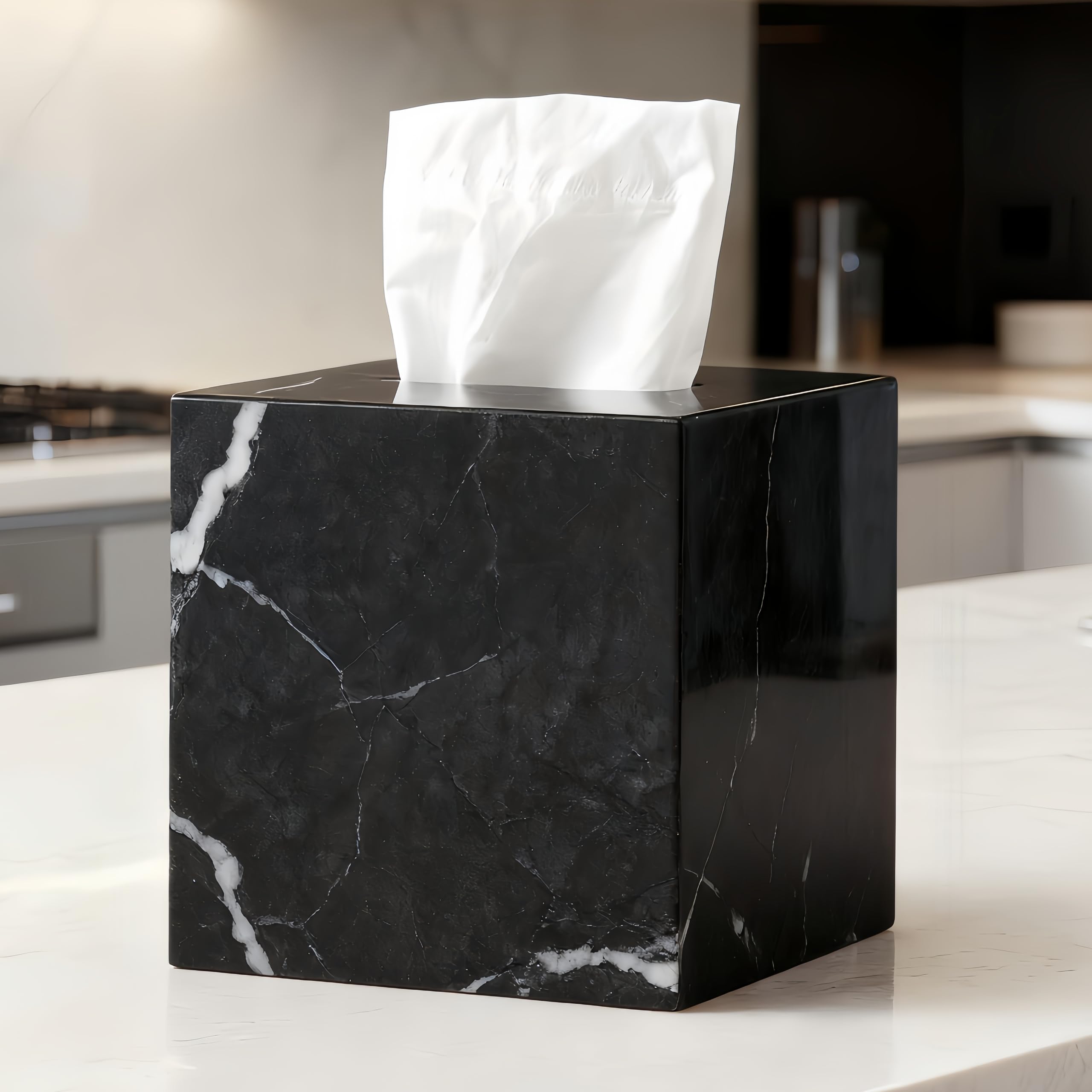 Black Natural Marble Tissue Holder, Removable Square Tissue Box with Acrylic Board Bottom, Organic Marble Napkin Box, Premium Tissue Box Cover for