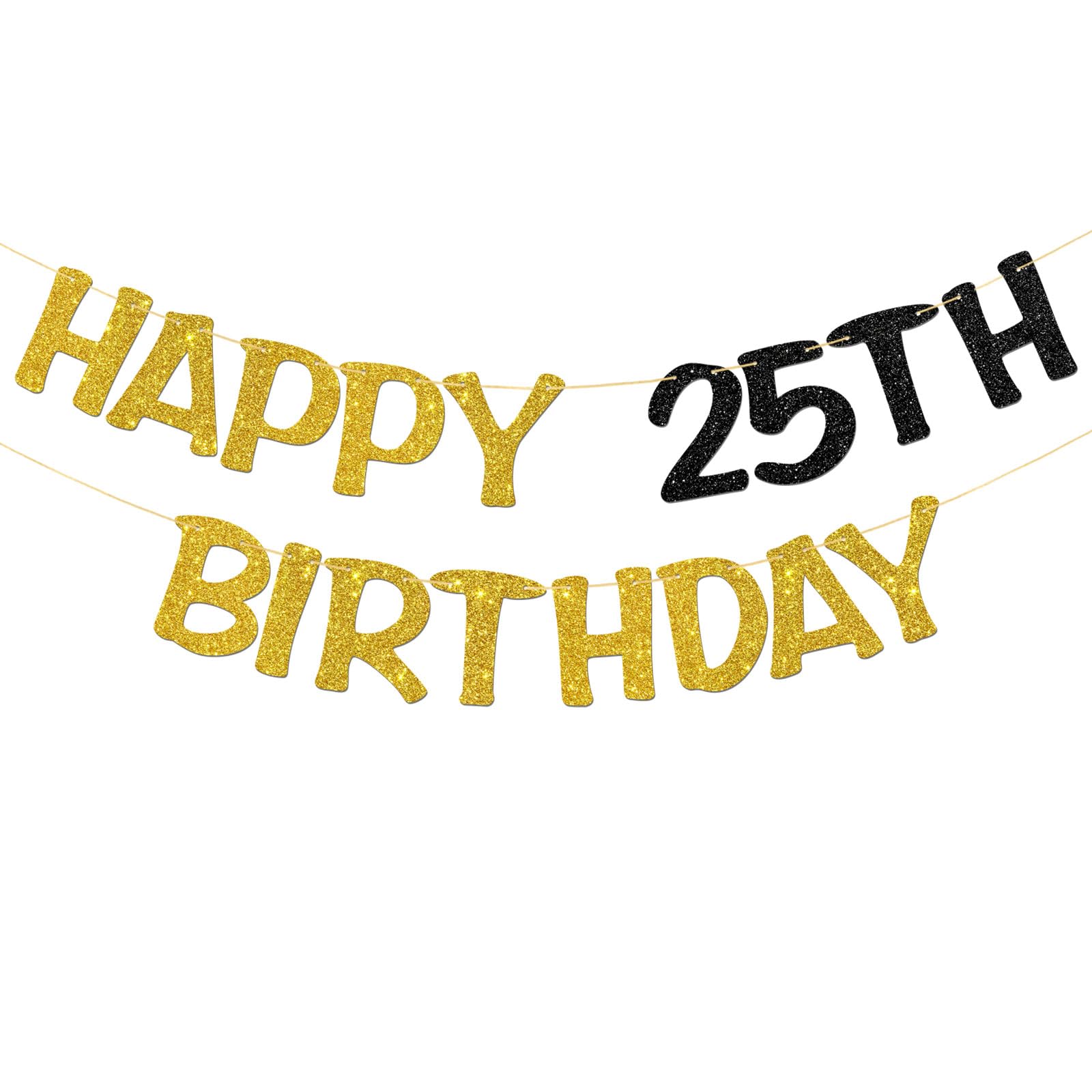 Happy 25th Birthday Banner - Adult 25th Birthday Party Garland Supplies - Cheers to 25 Years Party Decorations - Gold Black Glitter