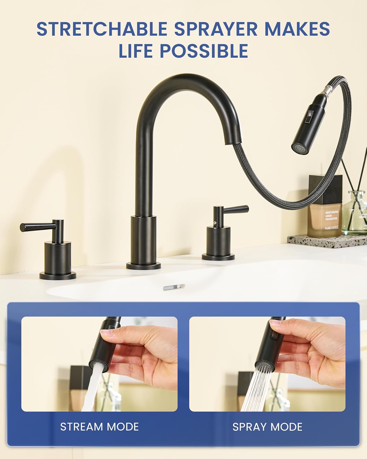 Bathroom Faucet with Sprayer - Matte Black Bathroom Faucet 3 Holes - Widespread Sink Faucets 2 Handles - Pull Down Vanity Faucets with Pop Up Drain and Supply Lines - Image 2