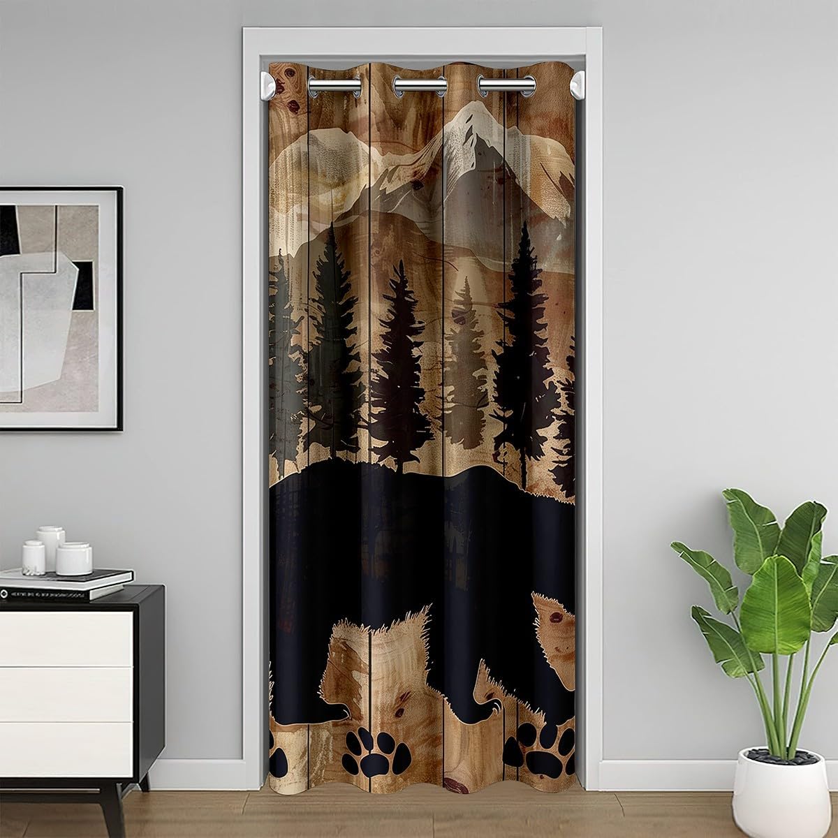 jejeloiu Kids Bear Doorway Curtain Privacy 1 Panel, 52"x80" Boys Girls Wild Animal 30%-50% Room Darkening Blackout Curtain Farmhouse Rustic Cabin Country Door Cover Curtain Nature Wildlife Bear