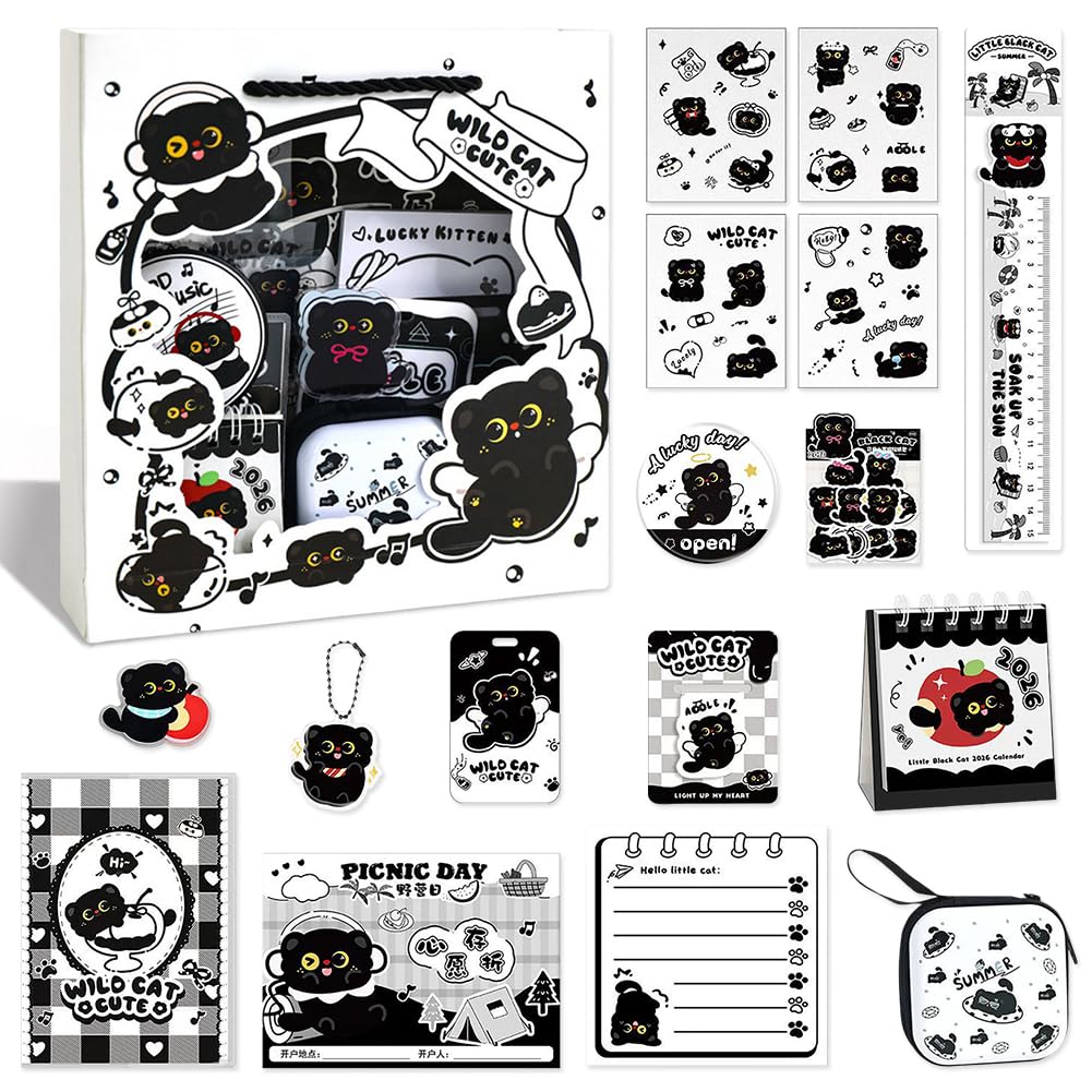 HAJXXMM Cat Stationery Set, Black Cat Stationery Favours Set, Cute Cat School Supplies: Sticker Cards, Rulers, Badges, Bookmarks, Notebooks for Birthdays, School, and Reward Gifts — image 1