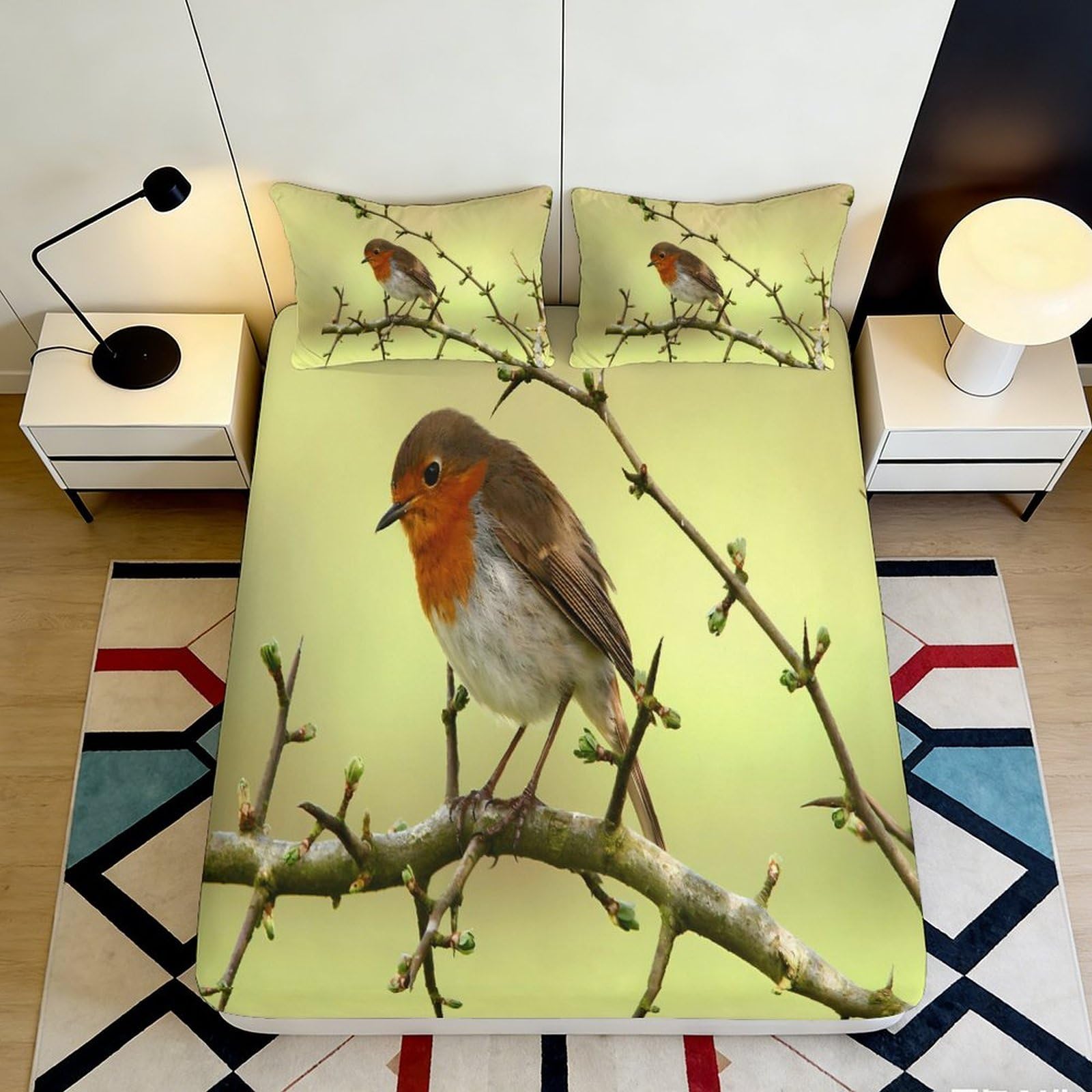 3D Printed Robin Bird Fitted Sheet Microfiber Soft Anti-Slip Mattress Cover for Bedroom Nature Branch Decor 120x200x25cm