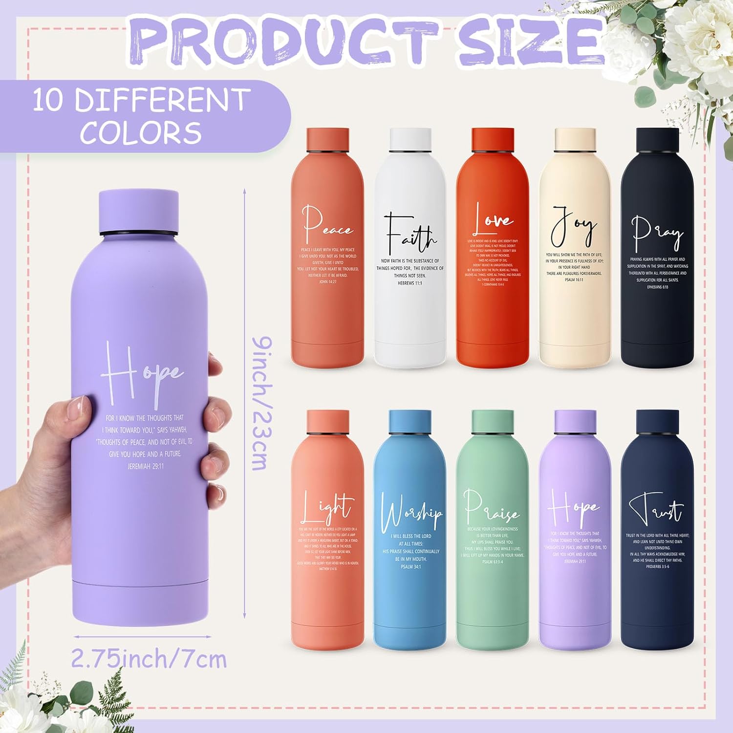 LemonRoad 10 Pcs Christian Easter Gifts for Women Stainless Steel Water Bottles 17oz Christian Tumbler Bible Verse Cups Religious Gifts for Easter Religious Church(Multicolor,Stylish)