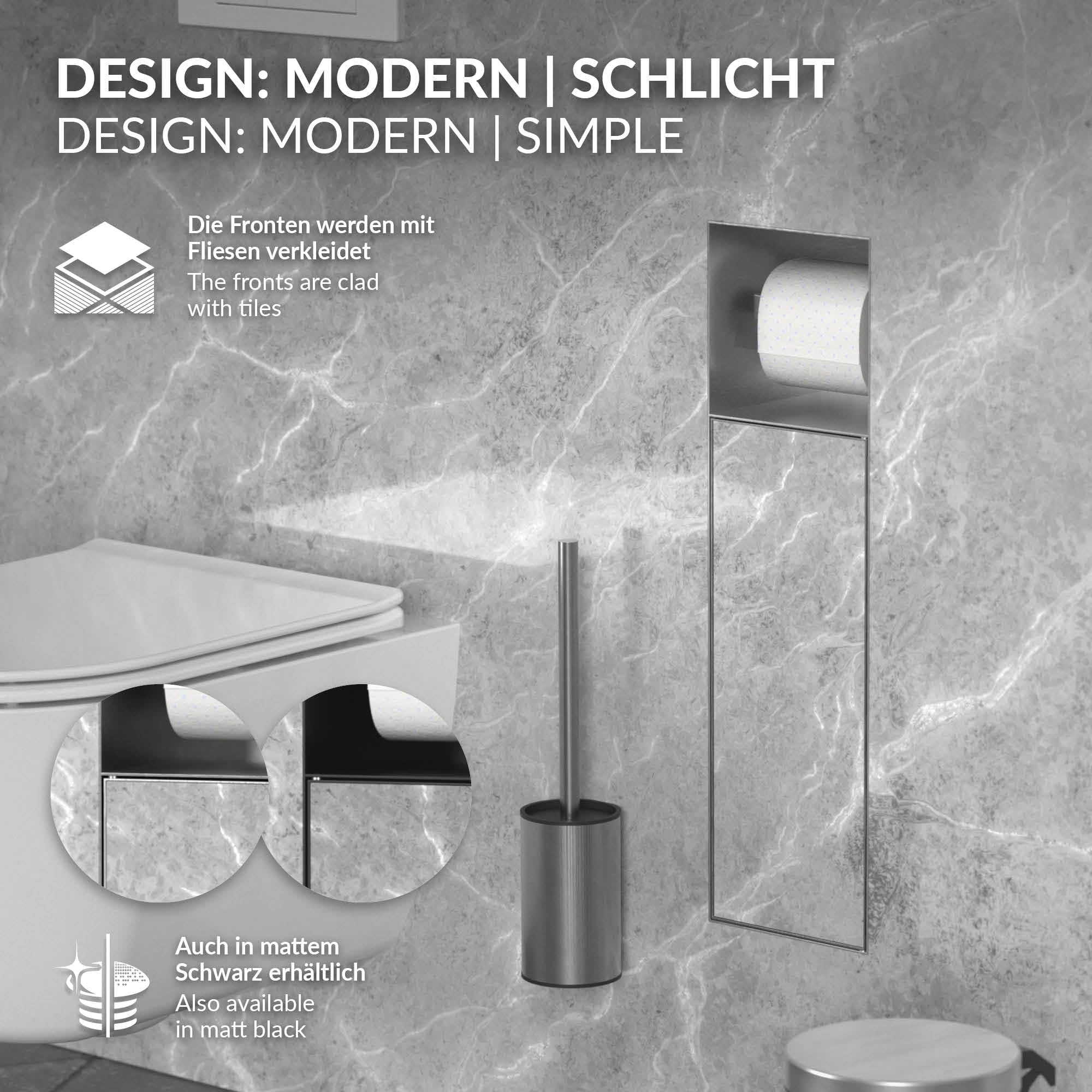 LuxeBath Unterputz-Schrankmodul aus Edelstahl für die Klobürstengarnitur, Silber, 60x20x14 cm, Badezimmerschrank mit Toilettenpapierhalter, Einbauschrank mit Toilettenbürste, WC Wandnische befliesbar