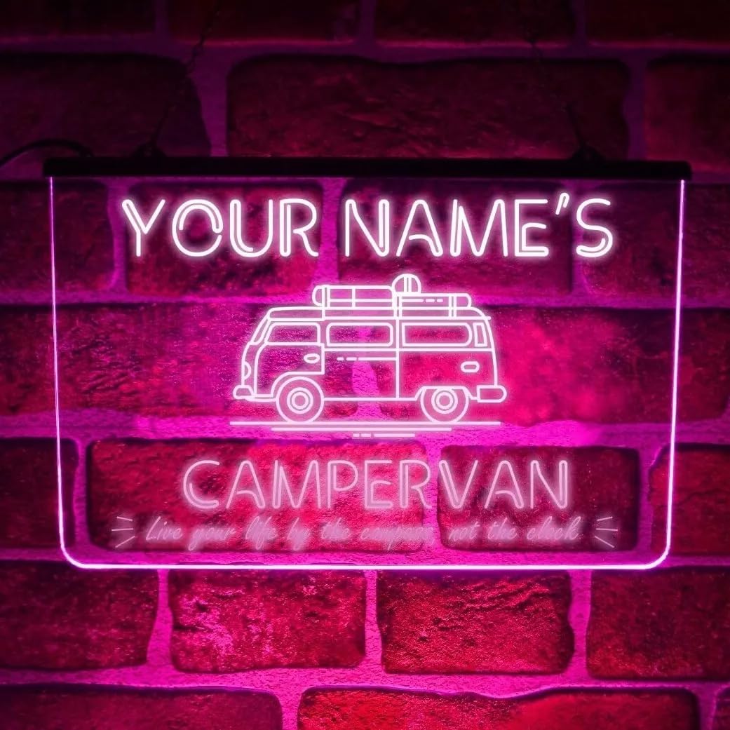 Personalised Campervan Neon LED Sign – Custom Road Trip Light for Windscreen or Dashboard | Vanlife Camper Interior Decoration | Unique Gift for Travel Lovers & RV Owners (USB Powered) (Pink)