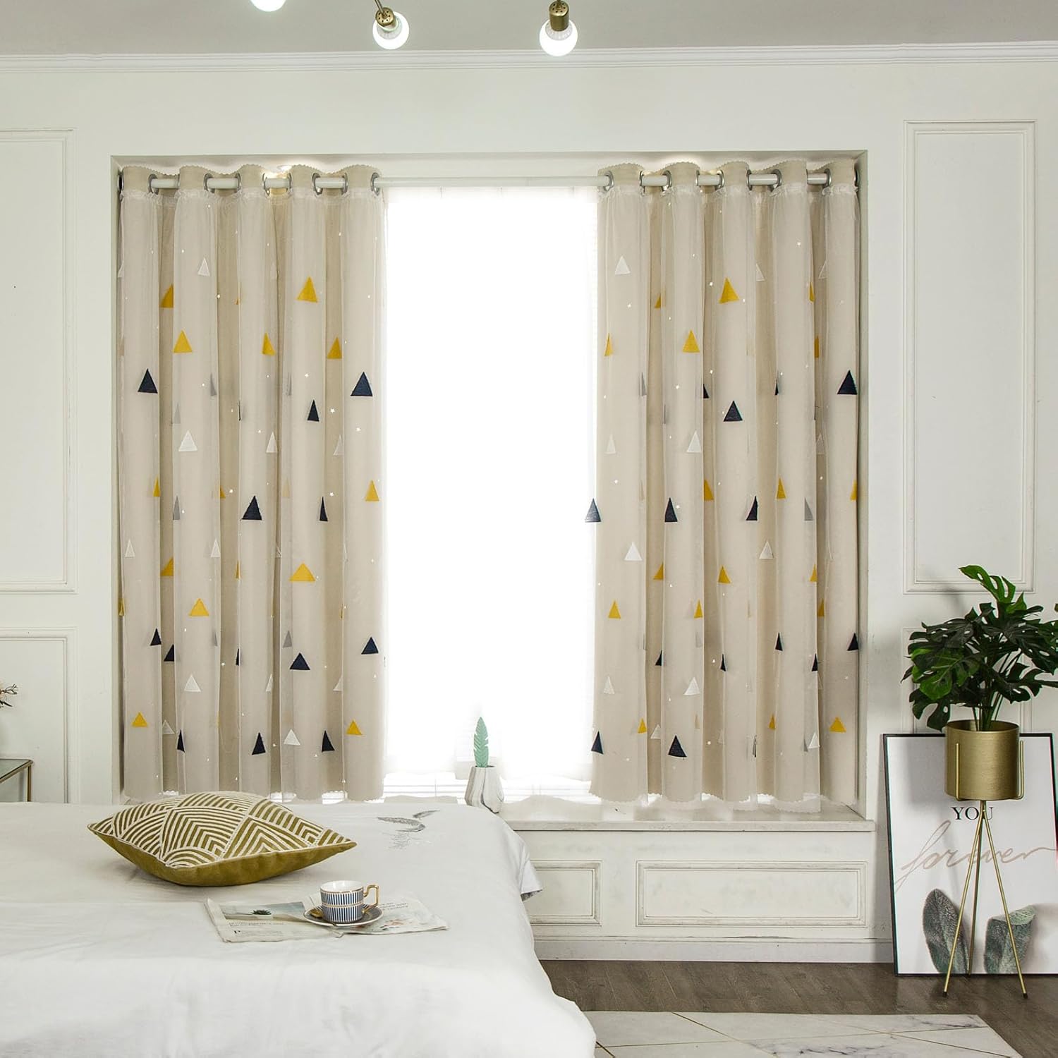 Beige Triangle Pattern Blackout Insulated Star Hollow Out Living Room Bedroom Study Dining Curtains for Girls Bedroom Kids Room Decor (47" W x 66.9" L)