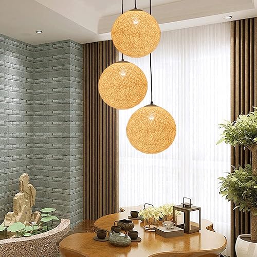 Miniatura 4 de Lámpara colgante de mimbre de ratán beige, estilo vintage, tejido a mano, techo redondo, tejido de bambú, para cocina, isla, comedor, sala de estar