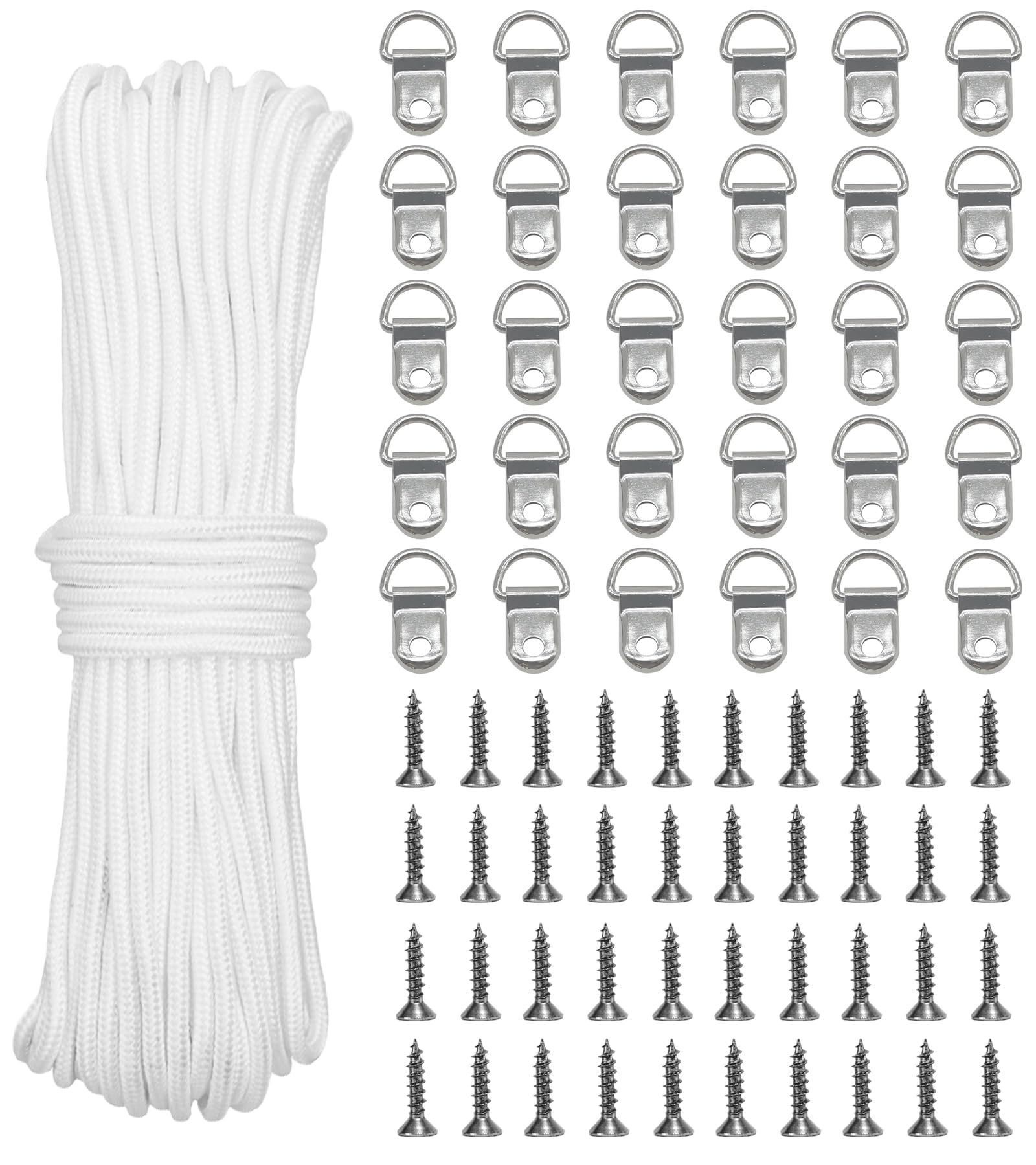 30M x 2mm Picture Hanging Cord, White Strong Nylon Picture Hanging Wire, Picture Frame Hanging String with 30 D-Ring Hooks and 40 Screws