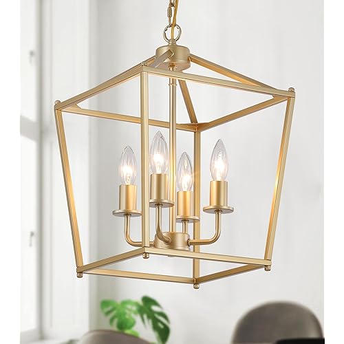 Industrial 4 Lights Chandelier, Gold Lantern Ceiling Light Fixtures with Rustic Metal Cage Adjustable Height Farmhouse Geometric Hanging Light for Kitchen Island, Dining Room, Entryway, UL Listed