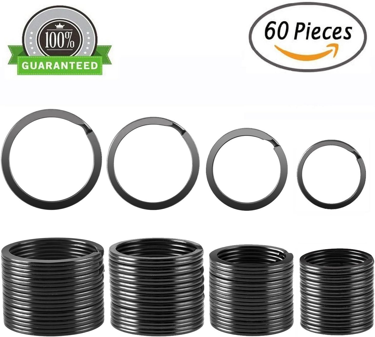 IDOIT 60 Pieces Round Flat Key Chain Rings Metal Split Key Rings for Home Car Keys Organization, 0.8 Inch, 1 Inch, 1.1 Inch and 1.2 Inch, Black