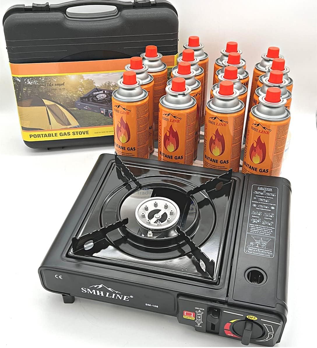 SMH LINE® Hornillo de gas para camping, incluye 24 cartuchos de gas, 227 g, gas butano, maletín, estufa, barbacoa exterior, 1 llama