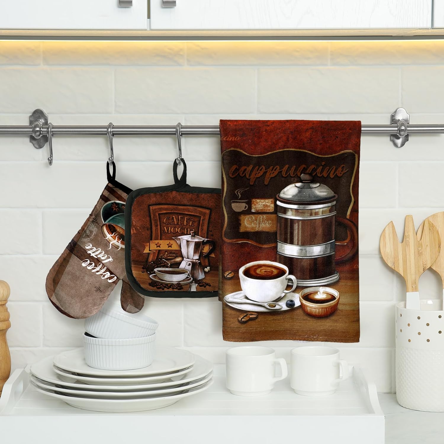 6 Pcs Kitchen Decor Set Accessorie Farmhouse Kitchen Towels Pot Holders Oven Mitts Set 2 Dish Towels 2 Pot Holders 2 Cooking Mittens Oven Glove for Cooking(Dark Brown,Coffee) - Image 3