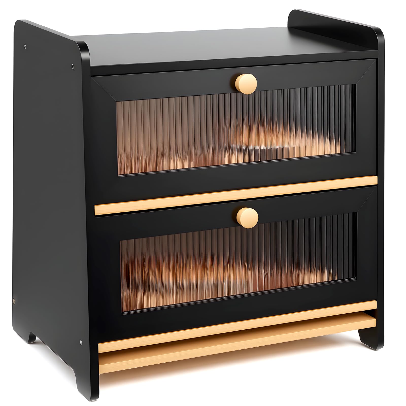 HAUSPROFI Scatola per il Pane in Bambù 2 Ripiani, Scatola per Pane in Legno con Tagliere, Ventilazione, Finestra Ondulata Trasparente, Elegante, 40x25x40cm Grande, Nera