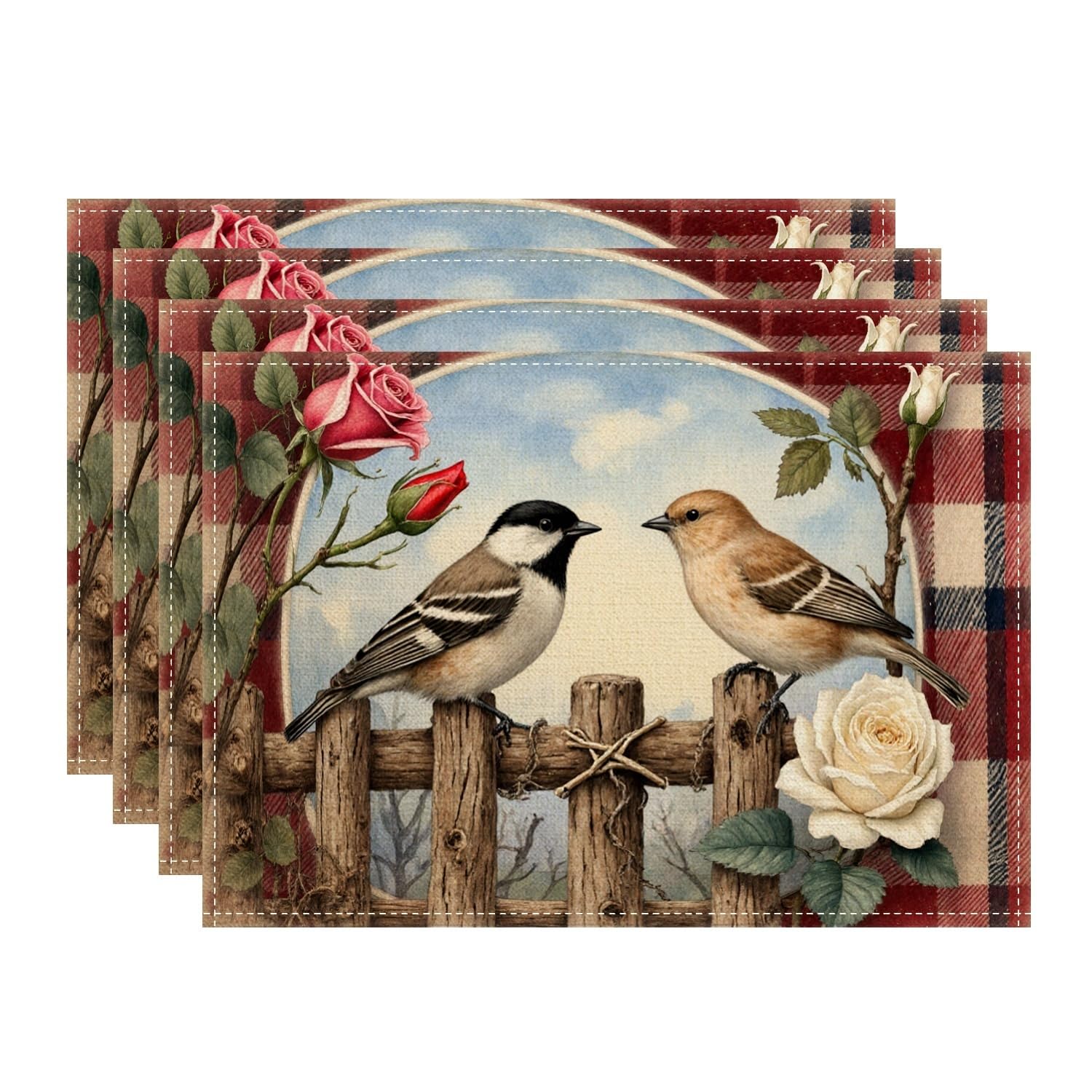 Vintage Birds Placemats, Rustic Floral Decorative Place Mats for Dining Table, Spring Summer Non-Slip Washable Indoor Outdoor Kitchen Party Placemat Set of 4