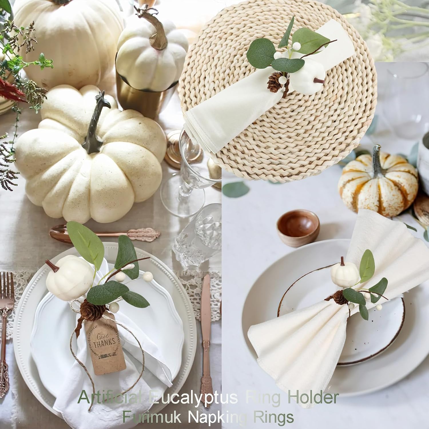 Set of 6 White Pumpkin Napkin Rings for Thanksgiving Christmas, Artificial Eucalyptus Ring Holder for Thanksgiving Table Decor Christmas Wedding Gathering Dinner Table Decoration