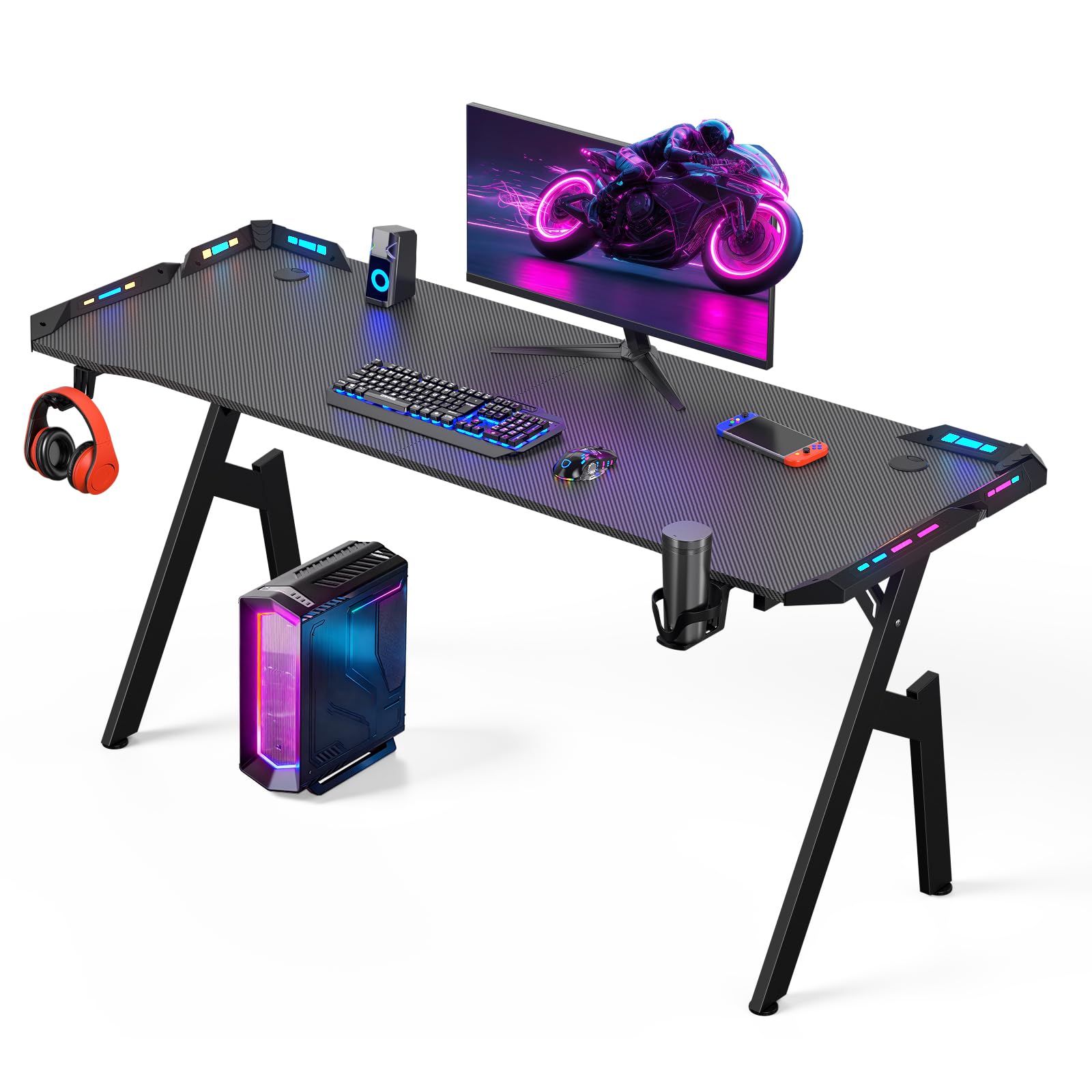 Warmiehomy Gaming Desk with LED Lights 160 x 60cm Computer Desk, Black