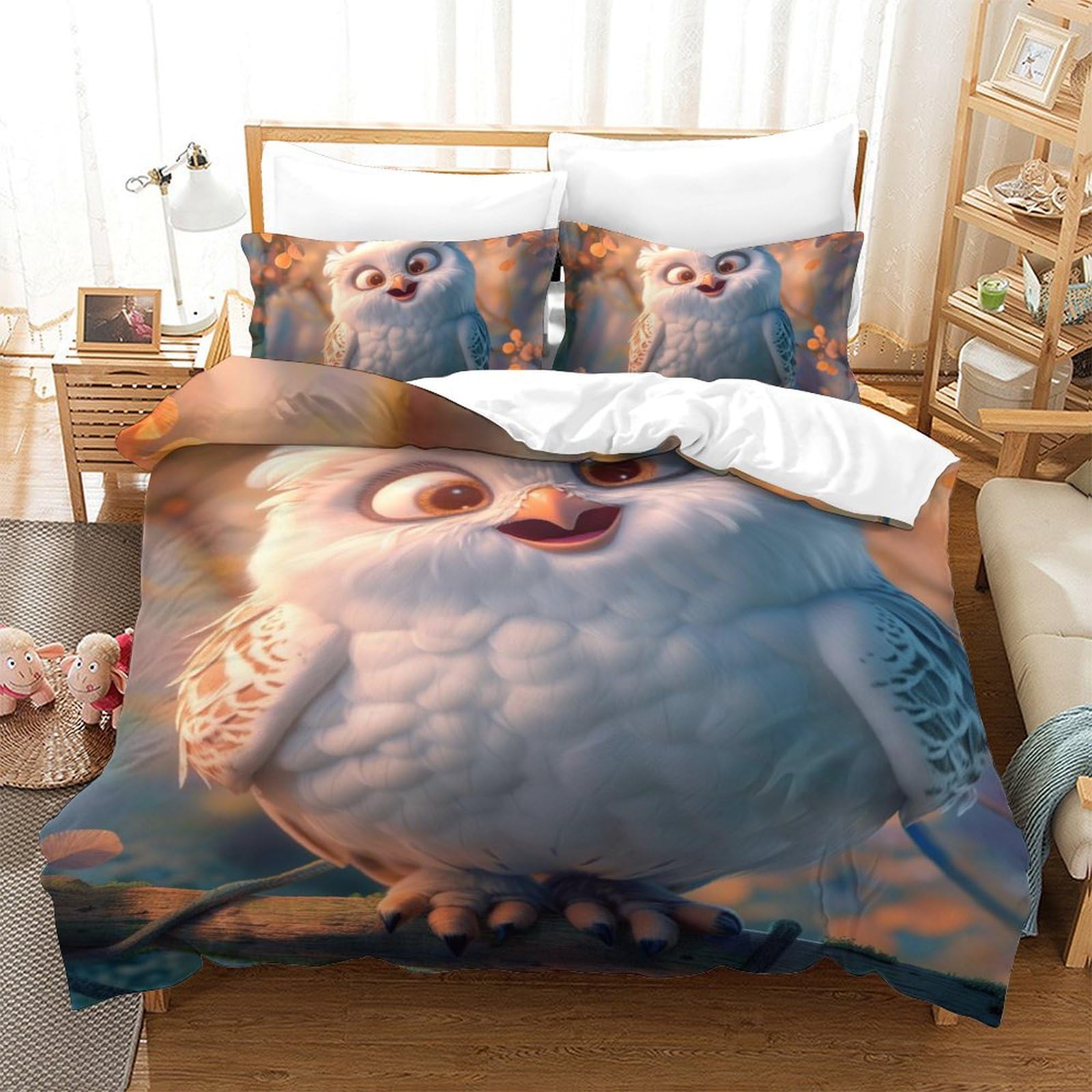Parure de lit chouette blanche housse de couette microfibre 3 pièces 140x200
