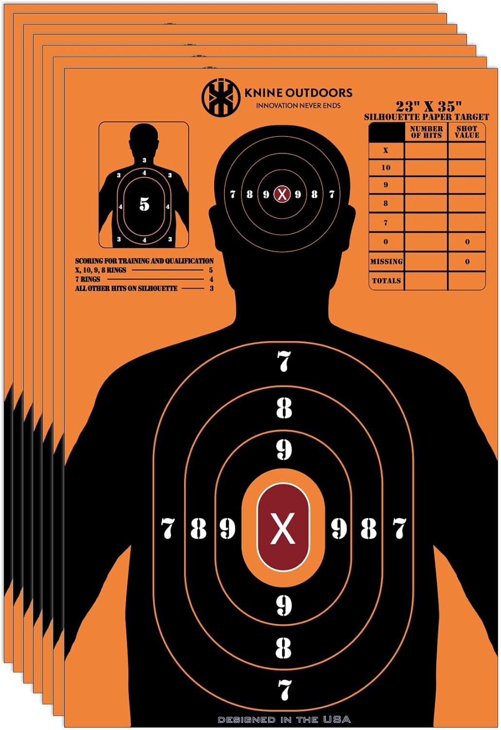 KNINE OUTDOORS Shooting Paper Targets for Shooting Range, 23 x35 inch, Bulk for Hunting, Handguns, Pistols, Rifles, Silhouette with Red Bullseye, Orange Design